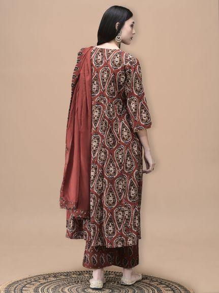 Shree Women Cotton Rust Geometric Print Kurta Comfort Pant Dupatta